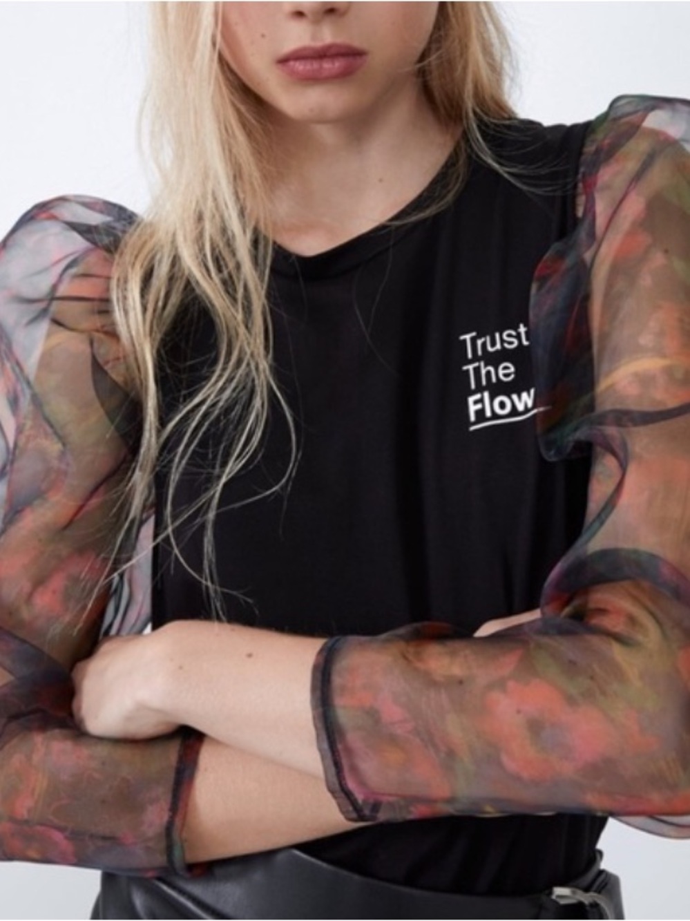 Zara Black Tee with Sheer Multicolor Puff Sleeves